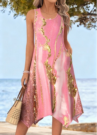 women clothes image of Pink Marble Print Double Side Pockets Sleeveless Dress