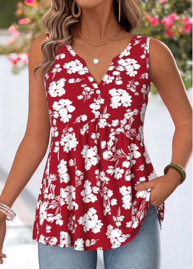 women clothes image of Red Floral Print Button Sleeveless V Neck Tank Top