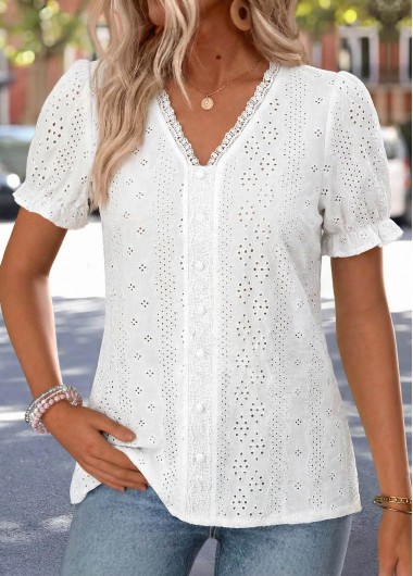 women clothes image of White Patchwork Short Sleeve V Neck T Shirt