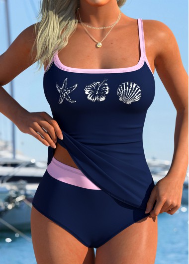 women clothes image of Navy Mid Waisted Wrap Marine Life Print Tankini Set