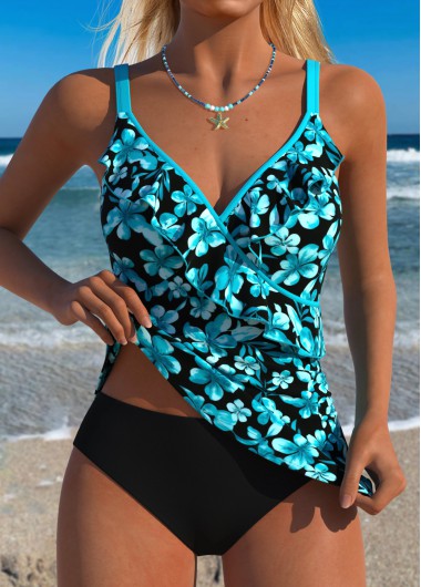 women clothes image of Black Tummy Coverage Floral Print Tankini Set