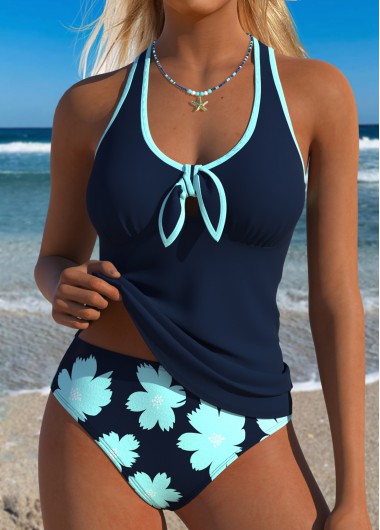 women clothes image of Navy Mid Waisted Two-piece Floral Print Tankini Set
