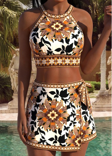 women clothes image of Light Coffee Mid Waisted Asymmetry Tribal Print Bikini Set