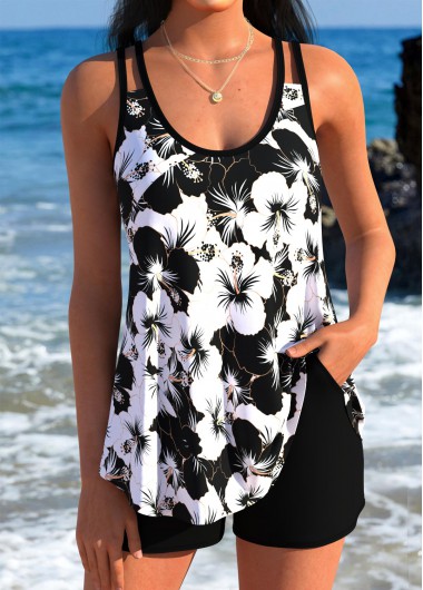 women clothes image of Black Mid Waisted Curved Hem Floral Print Tankini Set