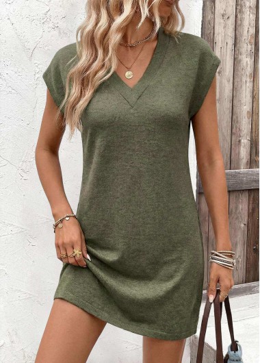 women clothes image of Sage Green Short Tummy Coverage V Neck Dress