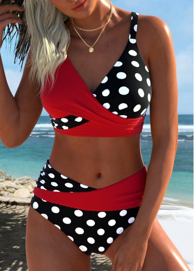 women clothes image of Red Mid Waisted Surplice Polka Dot Bikini Set