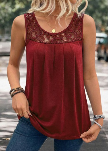 women clothes image of Wine Red Patchwork Sleeveless Scoop Neck Tank Top