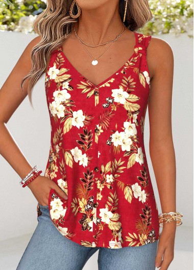women clothes image of Red Floral Print Curved Hem Sleeveless Tank Top