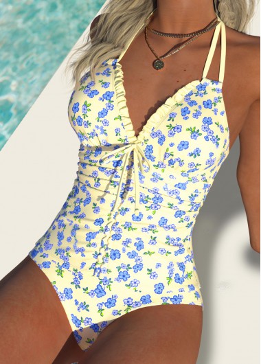 women clothes image of Yellow Mid Waisted Patchwork Ditsy Floral Print Tankini Set