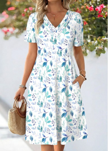 women clothes image of White Plants Print Tuck Stitch Short Sleeve Dress