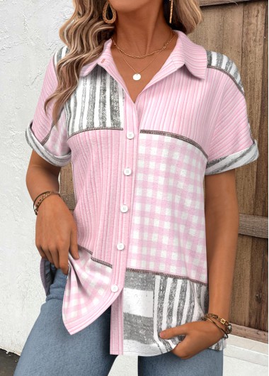 women clothes image of Light Pink Geometric Print Tummy Coverage Short Sleeve Shirt