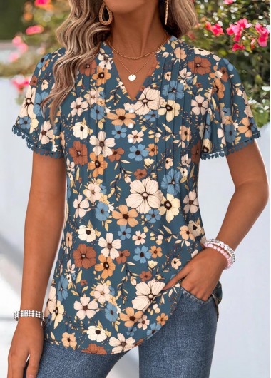 women clothes image of Peacock Blue Floral Print Curved Hem T Shirt