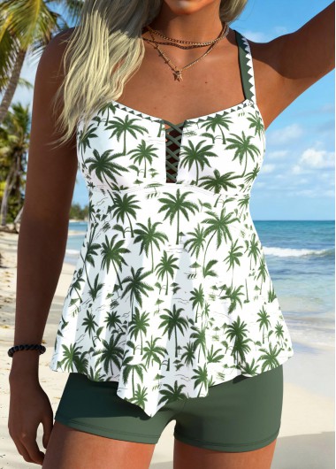 women clothes image of Sage Green Mid Waisted Hollow Out Tankini Set