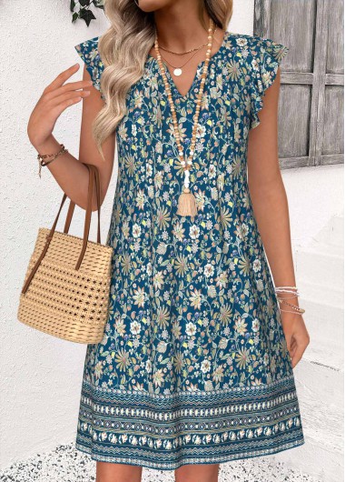 women clothes image of Multi Color Tribal Print Short Tuck Stitch Dress