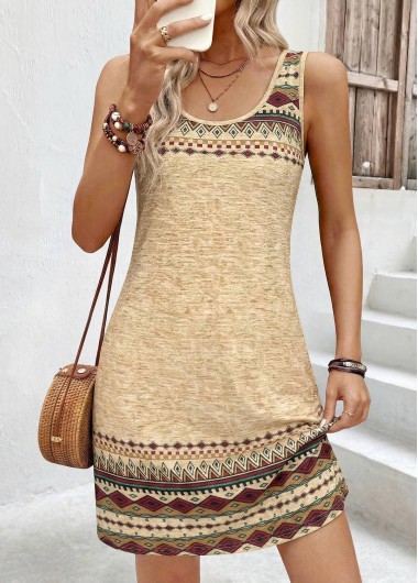 women clothes image of Light Camel Tribal Print Short Tummy Coverage Sleeveless Dress