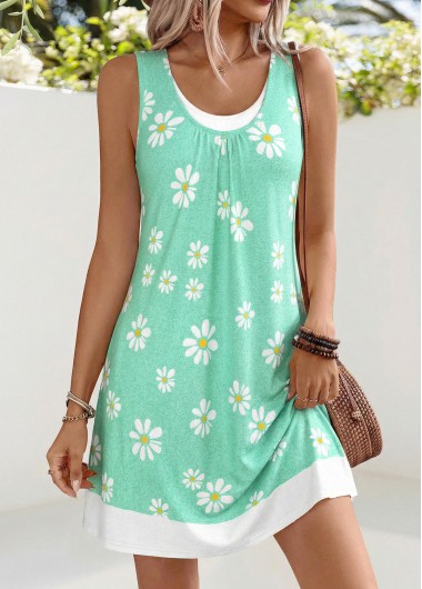 women clothes image of Mint Green Floral Print Short Patchwork Sleeveless Dress