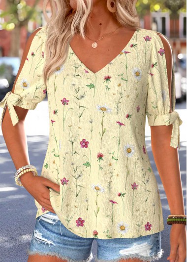 women clothes image of Light Yellow Floral Print Tie Short Sleeve T Shirt