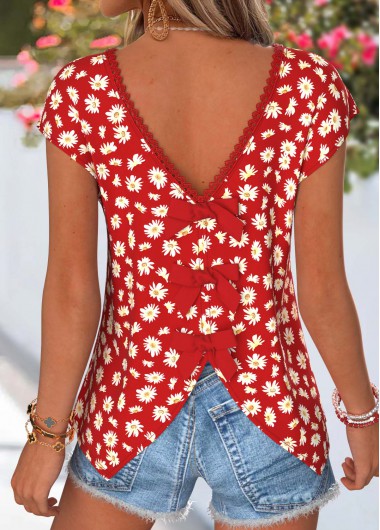 women clothes image of Red Daisy Print Bowknot Short Sleeve T Shirt