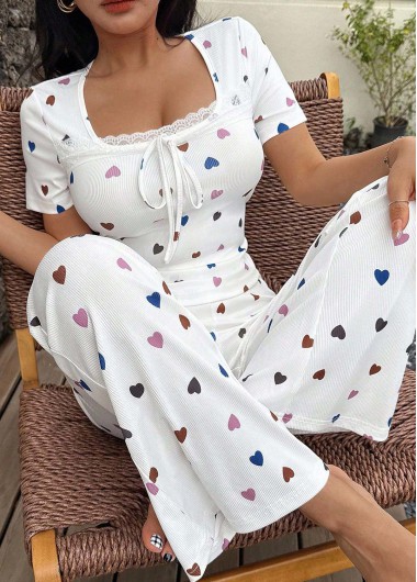 women clothes image of White Heart Print Short Sleeve Lounge Top and Pants