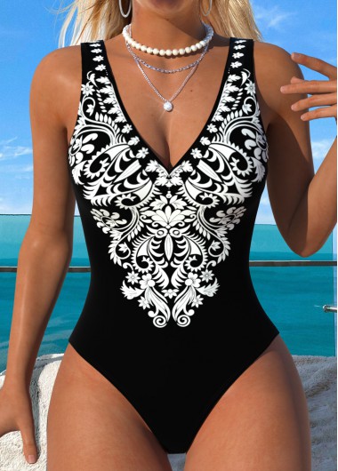 women clothes image of Black Ruched/shirred Tribal Print One Piece Swimwear