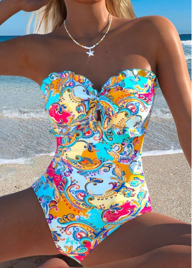 women clothes image of Cyan Cut Out Tribal Print One Piece Swimwear