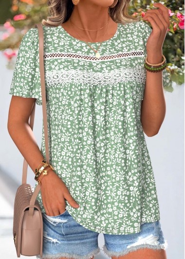 women clothes image of Light Green Floral Print Curved Hem T Shirt