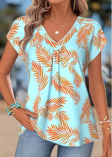 women clothes image of Cyan Leaf Print Curved Hem Short Sleeve T Shirt