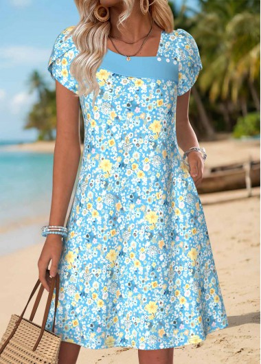 women clothes image of Light Blue Floral Print Short Double Side Pockets Dress