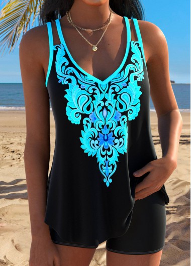 women clothes image of Cyan Mid Waisted Curved Hem Tribal Print Tankini Top