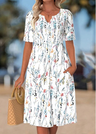 women clothes image of White Floral Print Smocked Short Sleeve Split Neck Dress