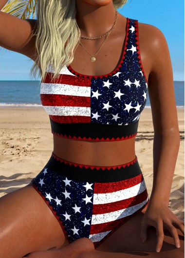 women clothes image of American Flag Multi Color Mid Waisted Bikini Set