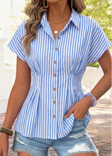 women clothes image of Light Blue Striped Smocked Short Sleeve Shirt Collar Blouse