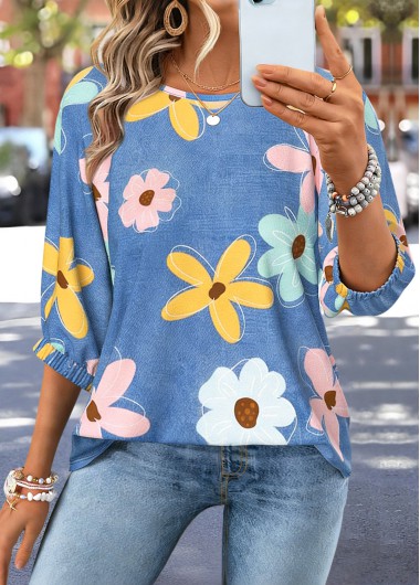 women clothes image of Denim Blue Floral Print Tummy Coverage 3/4 Sleeve Blouse