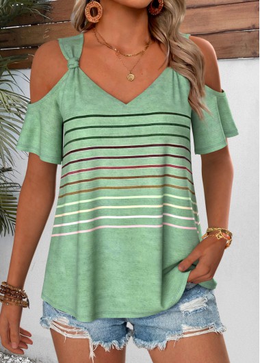women clothes image of Grass Green Multi Stripe Print Twist T Shirt