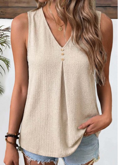 women clothes image of Light Coffee Pleated Sleeveless V Neck Tank Top
