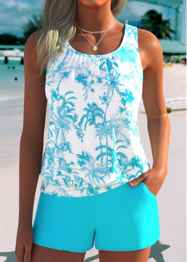 women clothes image of Cyan Mid Waisted Blouson Tropical Plants Print Tankini Set