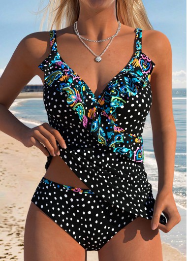 women clothes image of Black Mid Waisted Two-piece Polka Dot Tankini Set