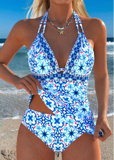 women clothes image of Blue Low Waisted Two-piece Tribal Print Tankini Set