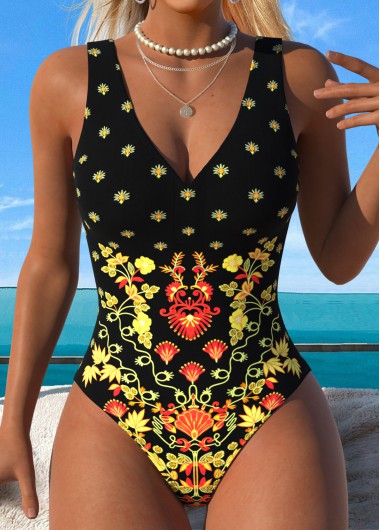 women clothes image of Black Tummy Control Tribal Print One Piece Swimwear