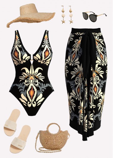 women clothes image of Black Two-piece Tribal Print One Piece Swimwear and Sarong