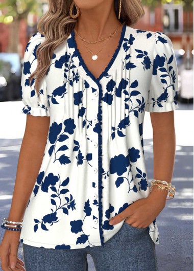 women clothes image of Navy Floral Print Frill Short Sleeve T Shirt