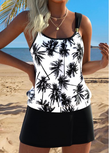 women clothes image of Black Mid Waisted Pocket Tropical Plants Print Tankini Set