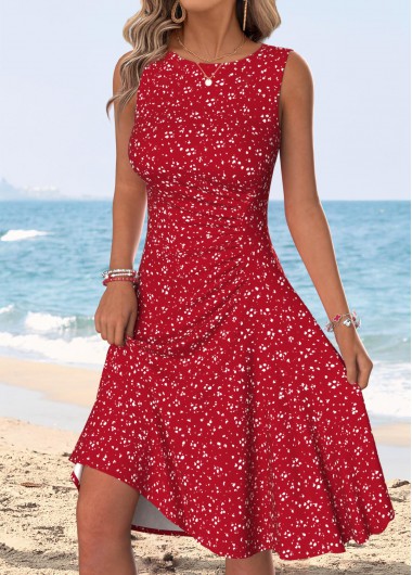 women clothes image of Red Polka Dot Shirred Sleeveless Round Neck Dress