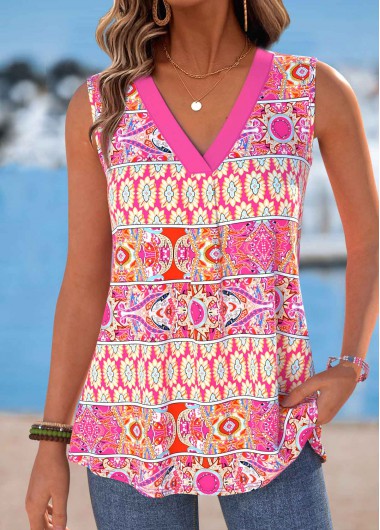 women clothes image of Hot Pink Tribal Print Sleeveless V Neck Tank Top