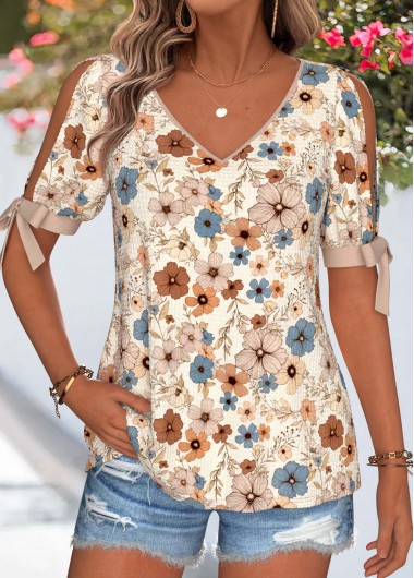 women clothes image of Light Camel Floral Print Patchwork Short Sleeve T Shirt