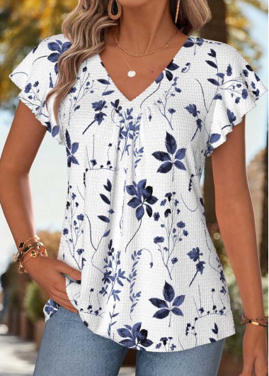 women clothes image of Blue Floral Print Shirred Short Sleeve T Shirt