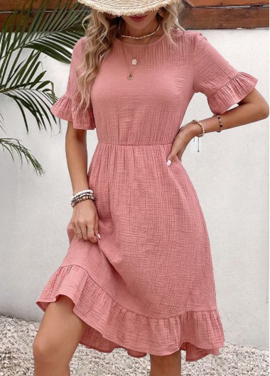 women clothes image of Pink High Low Ruffle Half Sleeve Round Neck Dress