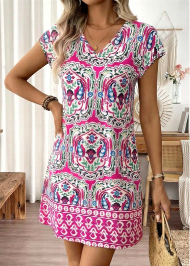 women clothes image of Hot Pink Tribal Print Short V Neck Dress