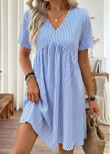 women clothes image of Blue Striped Short V Neck Dress