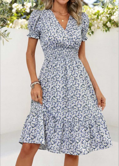 women clothes image of Multi Color Ditsy Floral Print Smocked Short Sleeve Dress